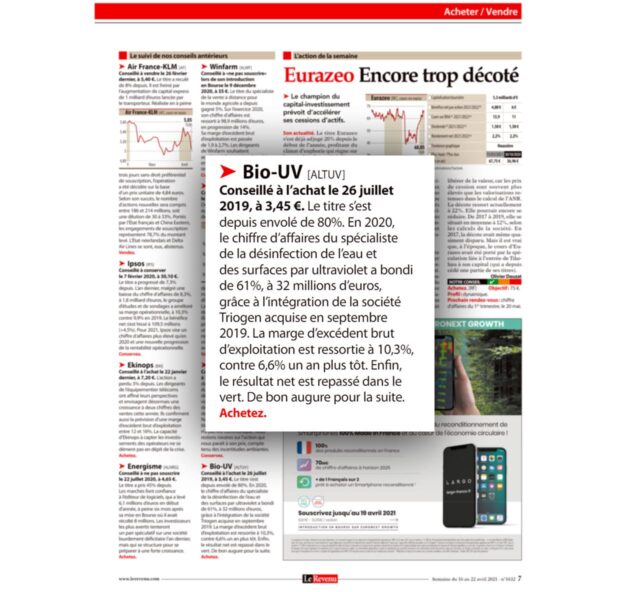 Article du magasine Revenu sur BIO-UV Group